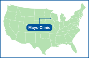 A map of the United States with a text box that says "Mayo Clinic" and a line from the text box to Rochester, Minnesota.